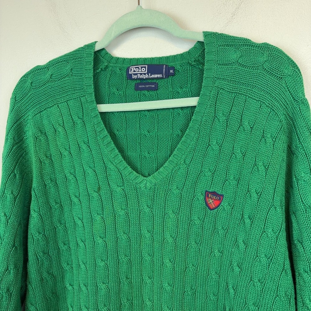 Vintage Polo By Ralph Lauren Sweater Mens XL Green Cable Knit V Neck Crest
